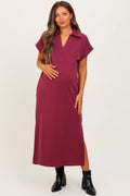Burgundy Collared Short Sleeve Maternity Midi Dress
