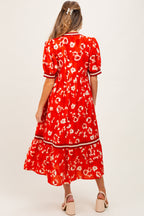 Red Floral Contrast Trim Maternity Midi Dress
