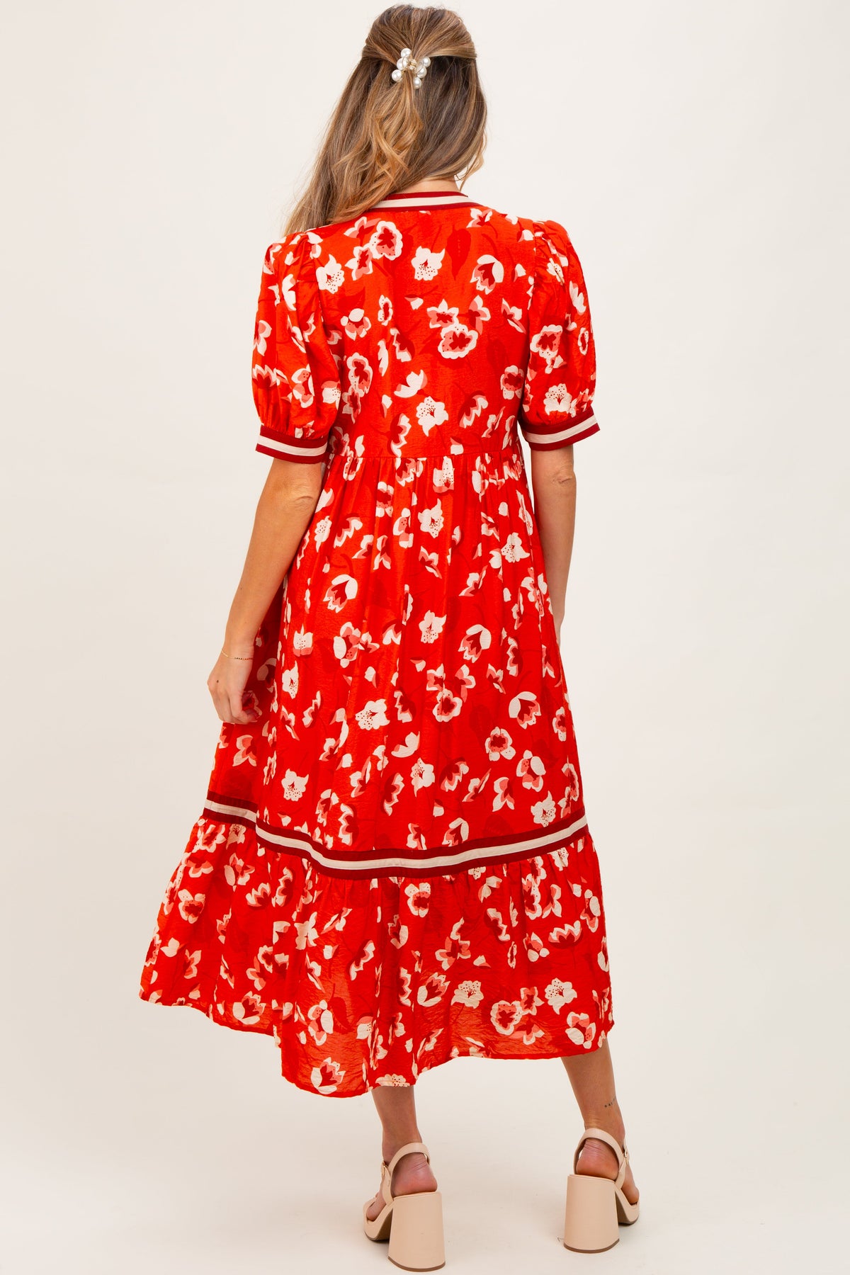 Red Floral Contrast Trim Maternity Midi Dress