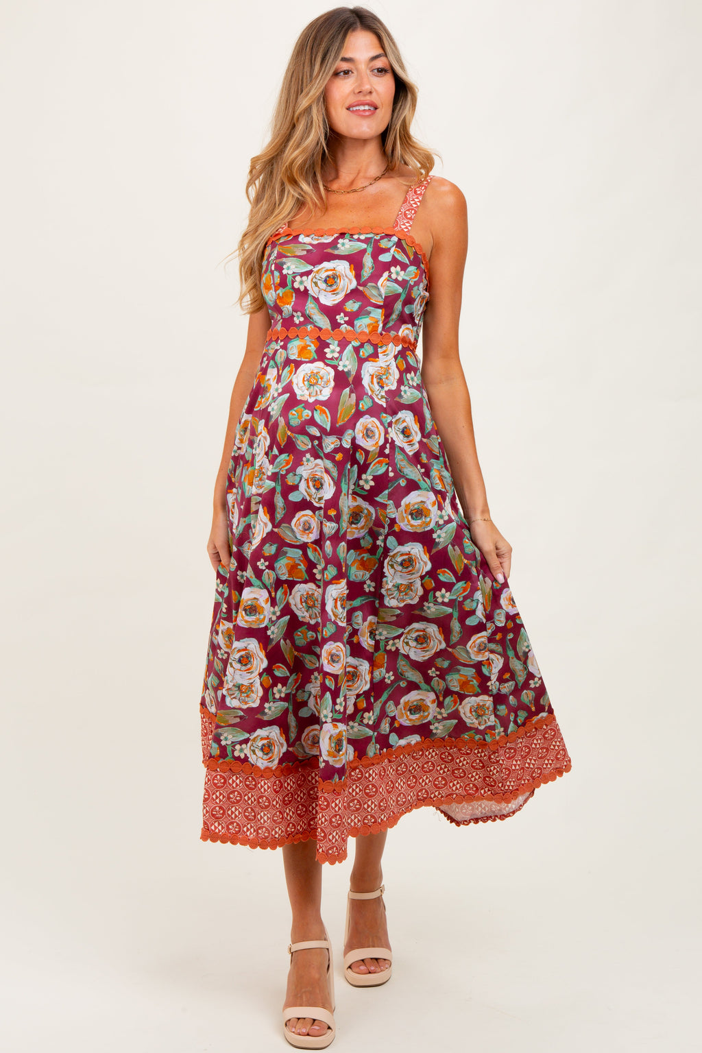 Burgundy Floral Contrast Print Sleeveless Maternity Midi Dress