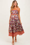 Burgundy Floral Contrast Print Sleeveless Maternity Midi Dress
