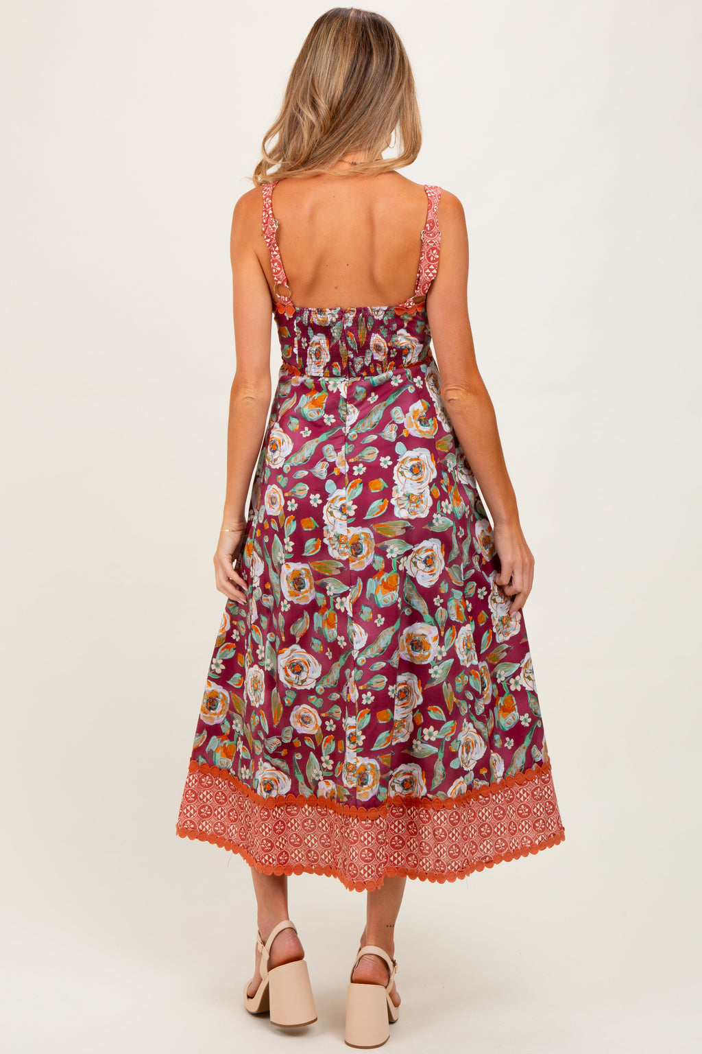 Burgundy Floral Contrast Print Sleeveless Maternity Midi Dress