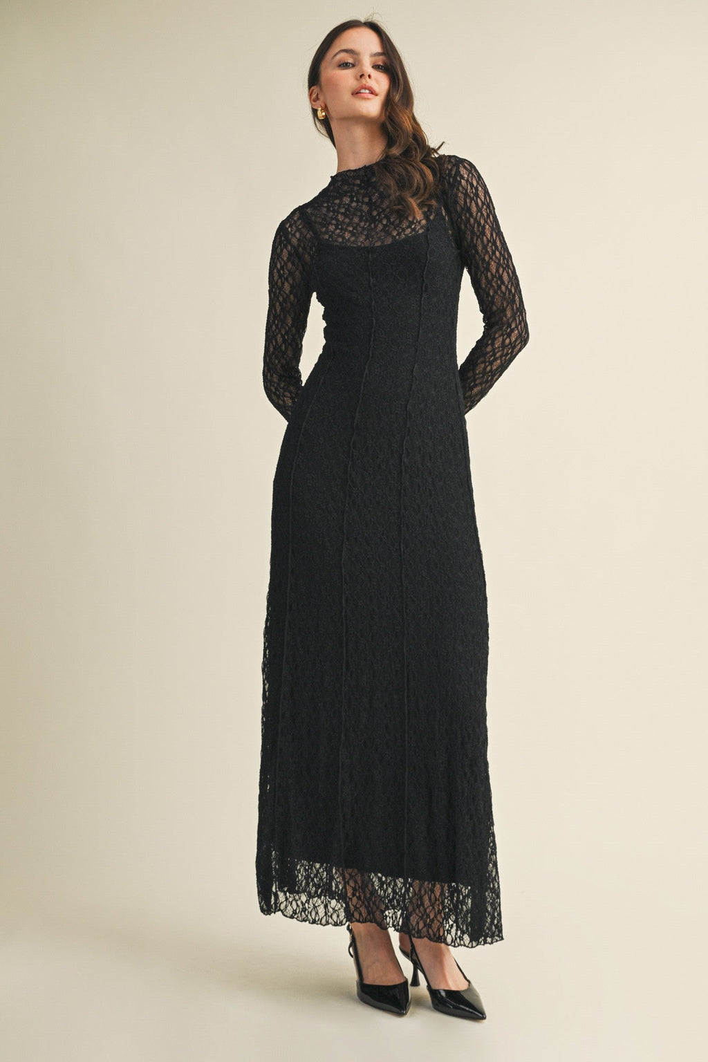 Black Lace Mock Neck Long Sleeve Maternity Maxi Dress