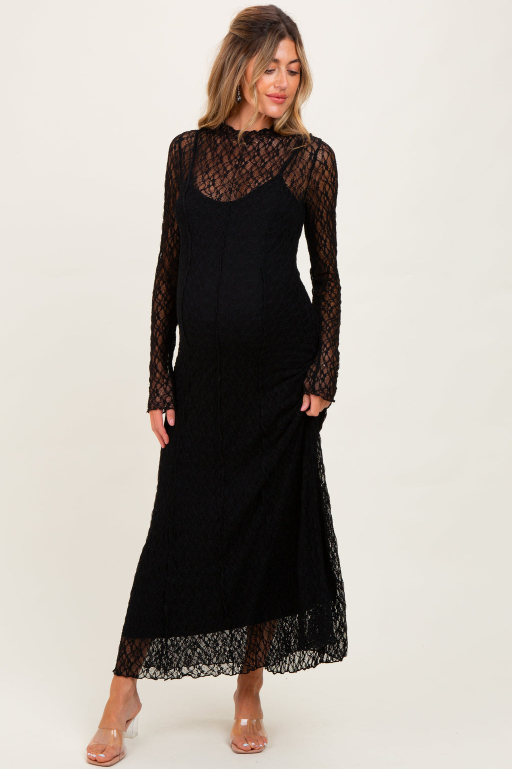 Black Lace Mock Neck Long Sleeve Maternity Maxi Dress
