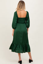 Green Satin Smocked Cinched Bust Maternity Midi Dress