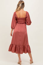 Mauve Satin Smocked Cinched Bust Maternity Midi Dress