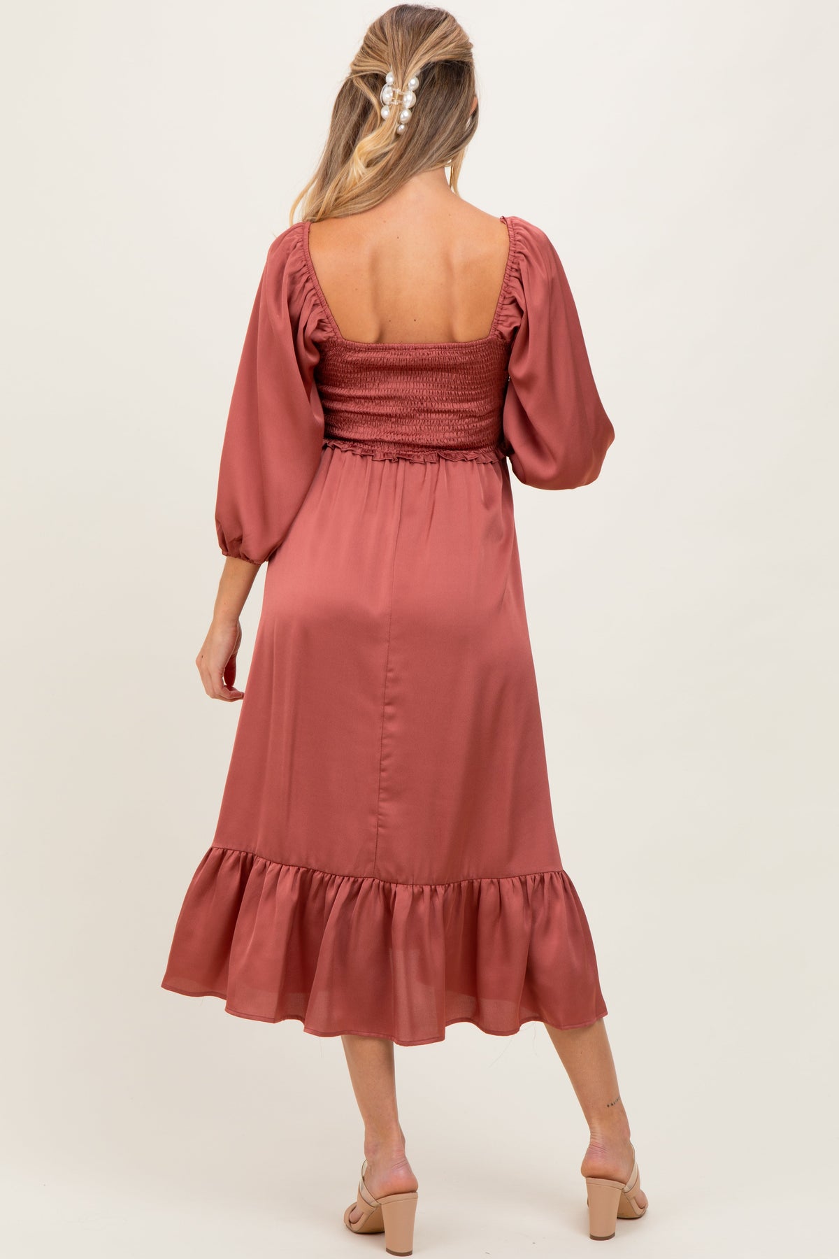 Mauve Satin Smocked Cinched Bust Maternity Midi Dress