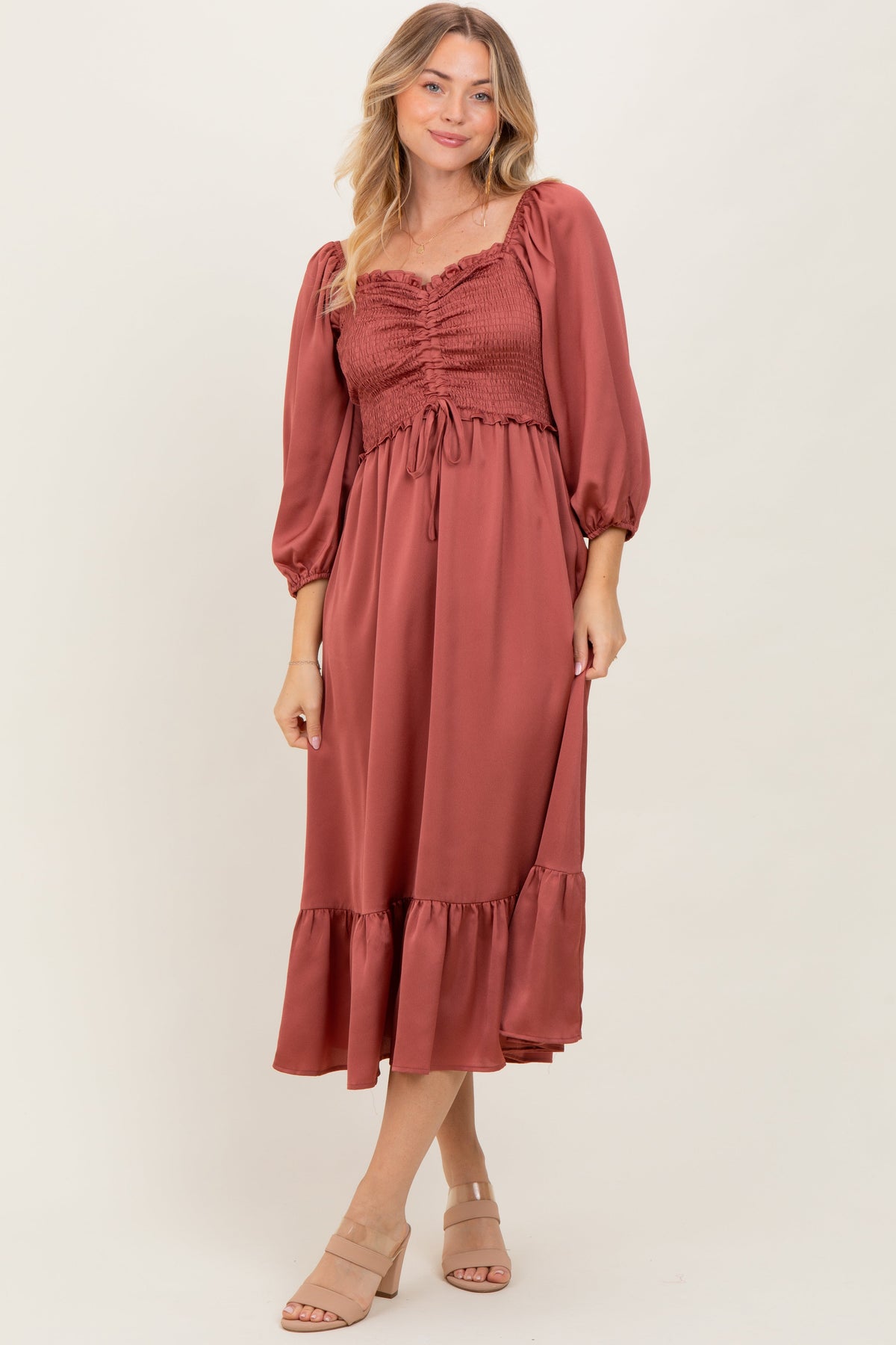 Mauve Satin Smocked Cinched Bust Maternity Midi Dress