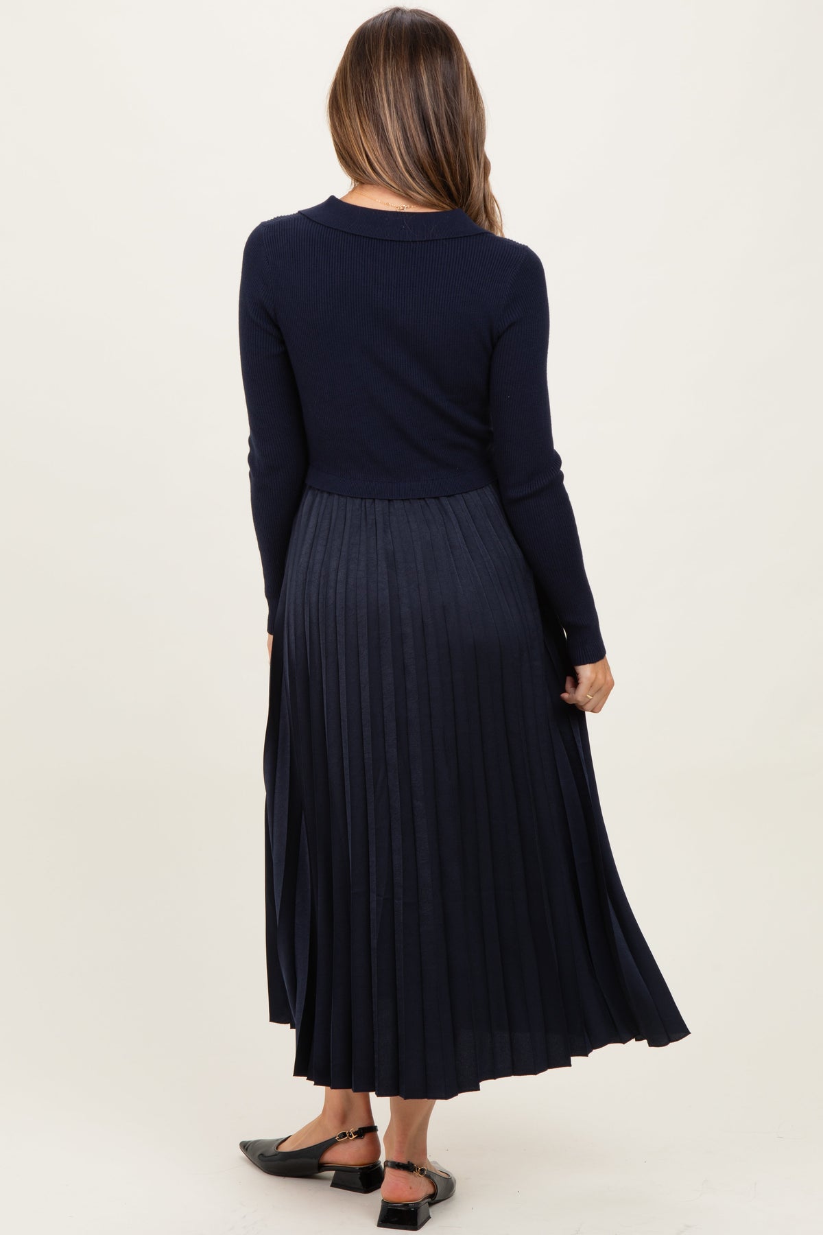 Navy Collared Knit Contrast Pleated Skirt Maternity Midi Dress