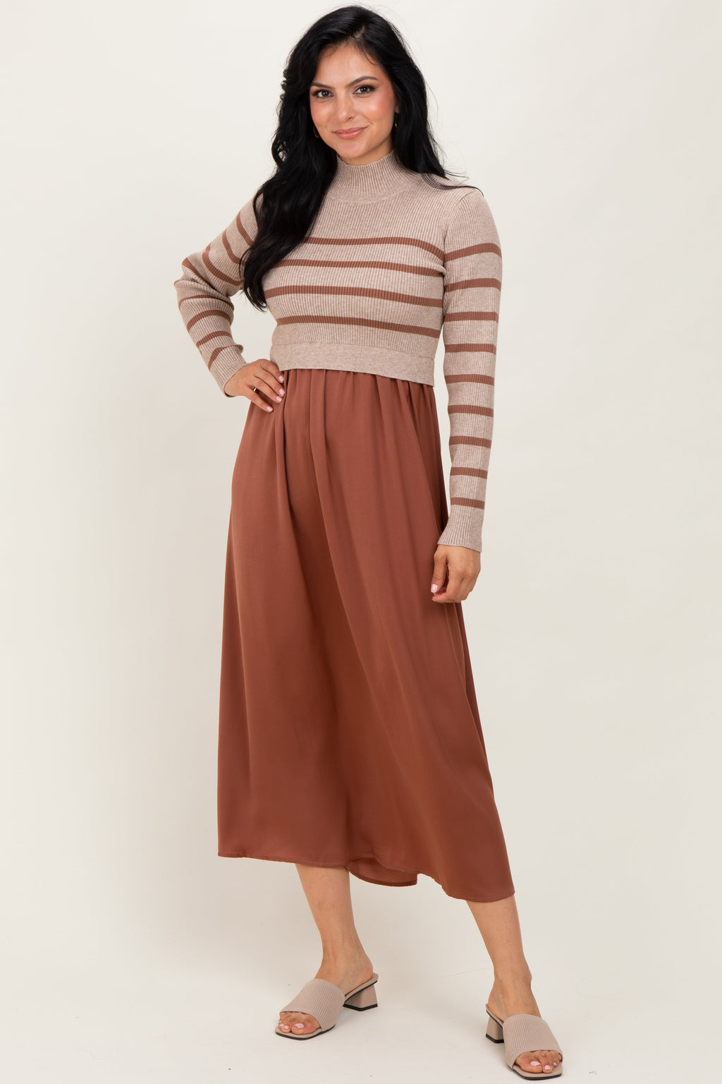 Brown Striped Contrast Sweater Top Maternity Maxi Dress