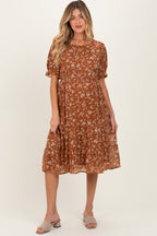 Rust Floral Short Sleeve Tiered Maternity Midi Dress