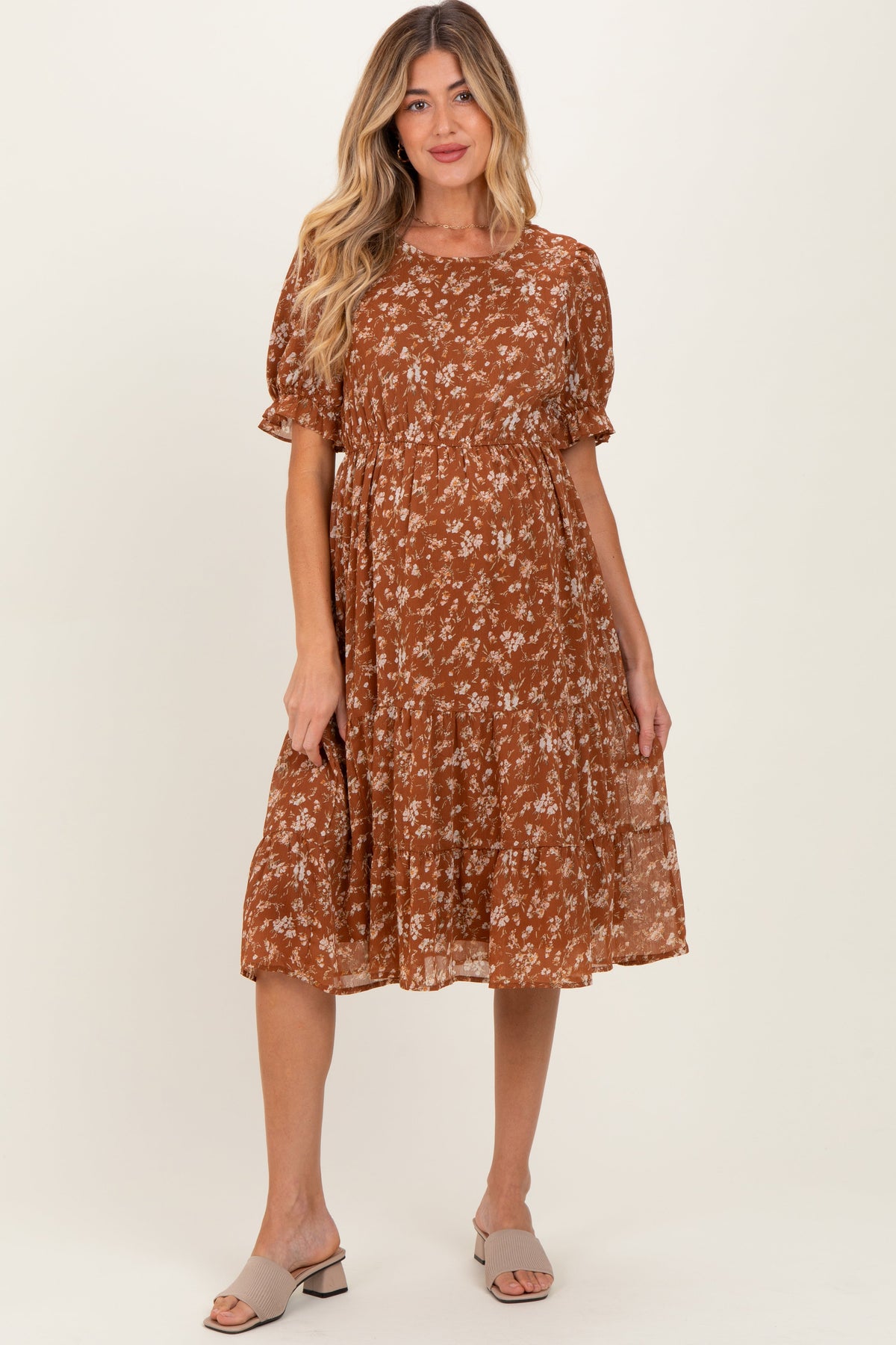 Rust Floral Short Sleeve Tiered Maternity Midi Dress