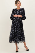 Black Floral Mesh Smocked Maternity Midi Dress