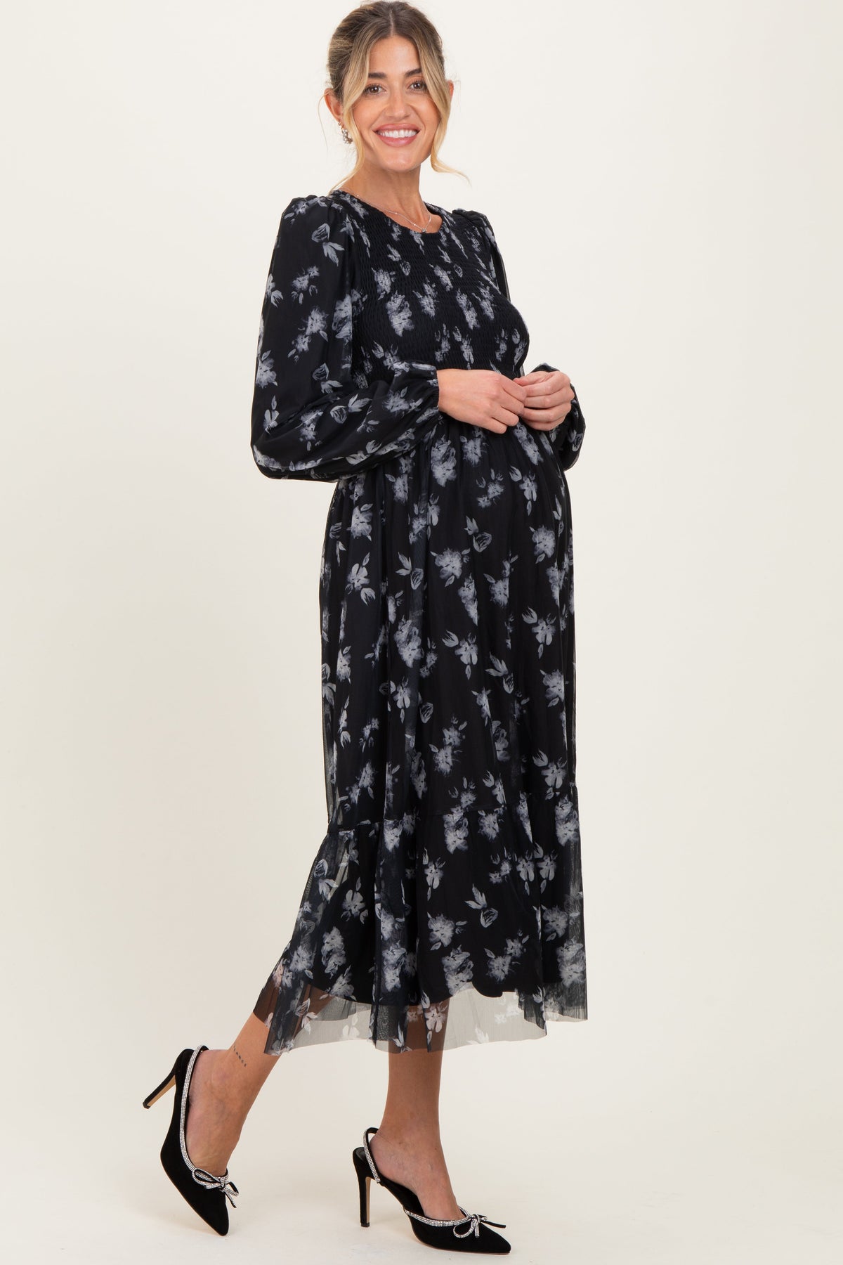 Black Floral Mesh Smocked Maternity Midi Dress