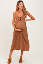 Camel Front Tie Sleeveless Maternity Midi Dress