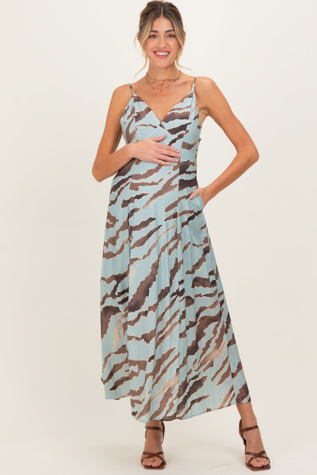 Light Blue Printed Open Tie Back Maternity Maxi Dress