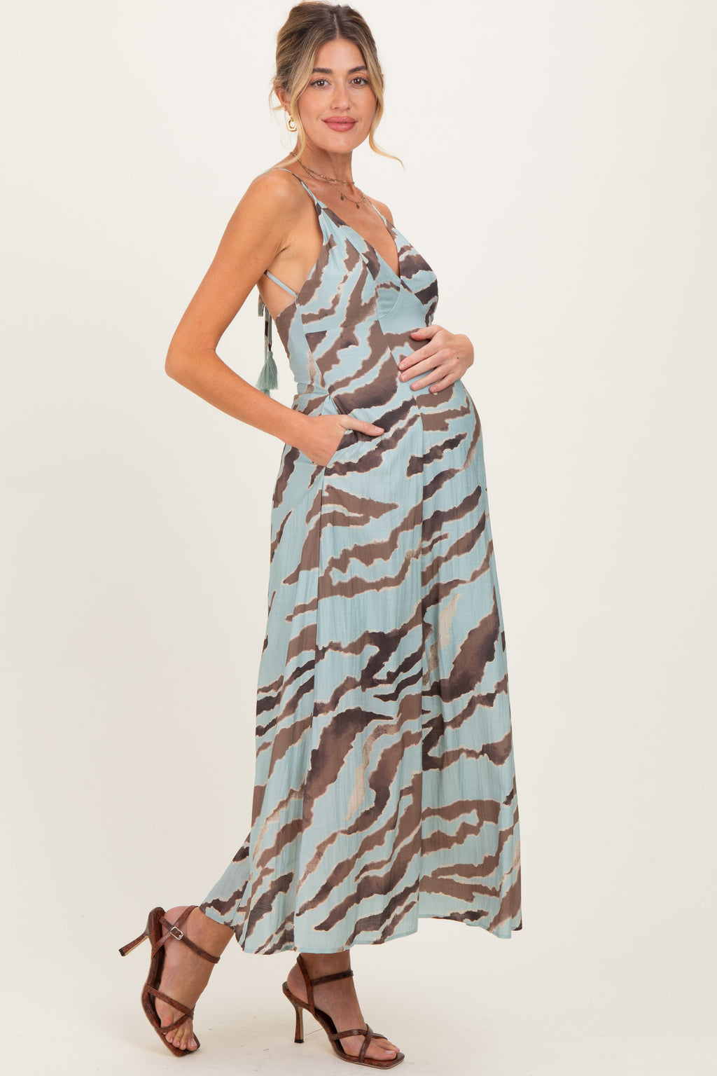 Light Blue Printed Open Tie Back Maternity Maxi Dress