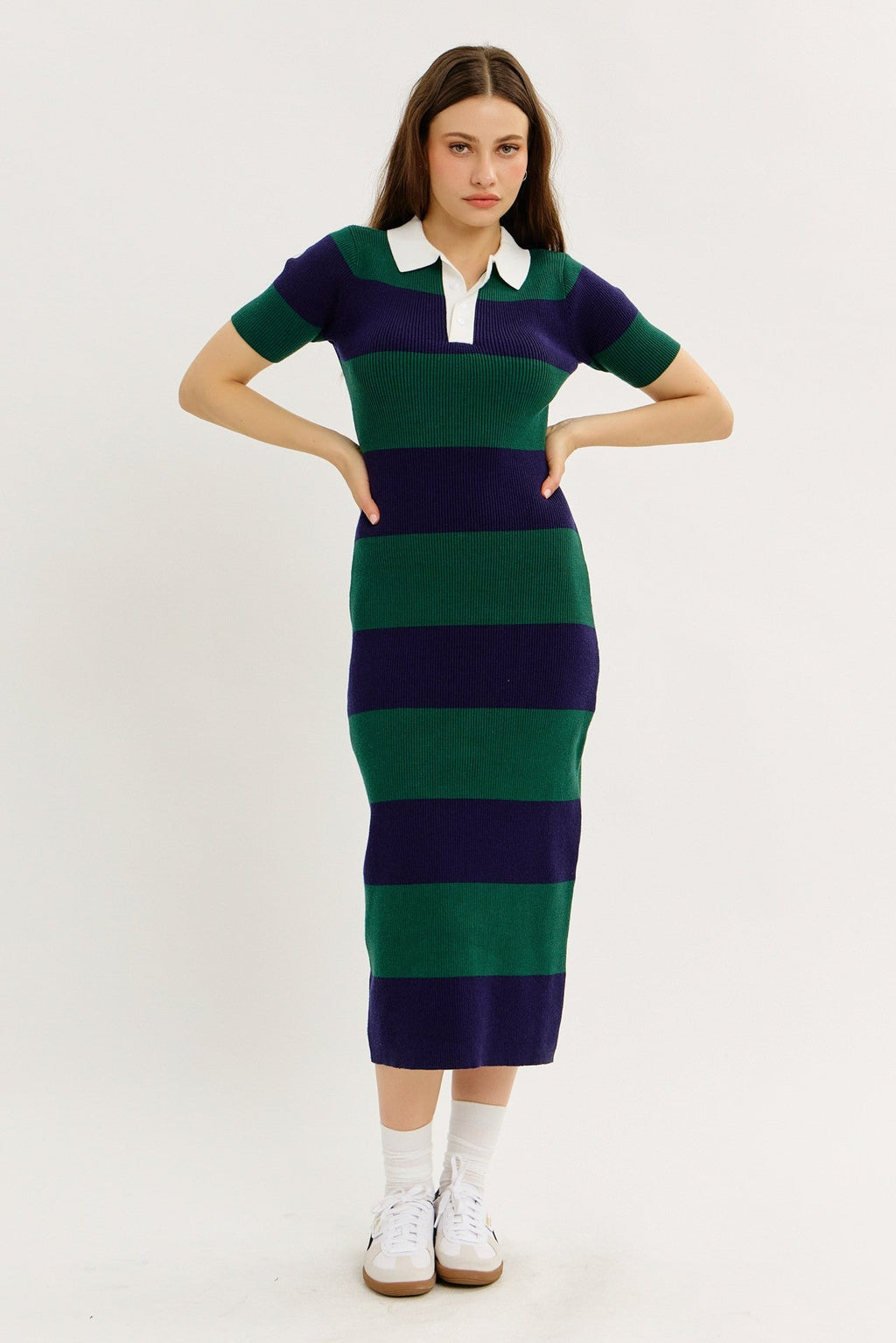 Green Ribbed Striped Knit Polo Maternity Midi Dress