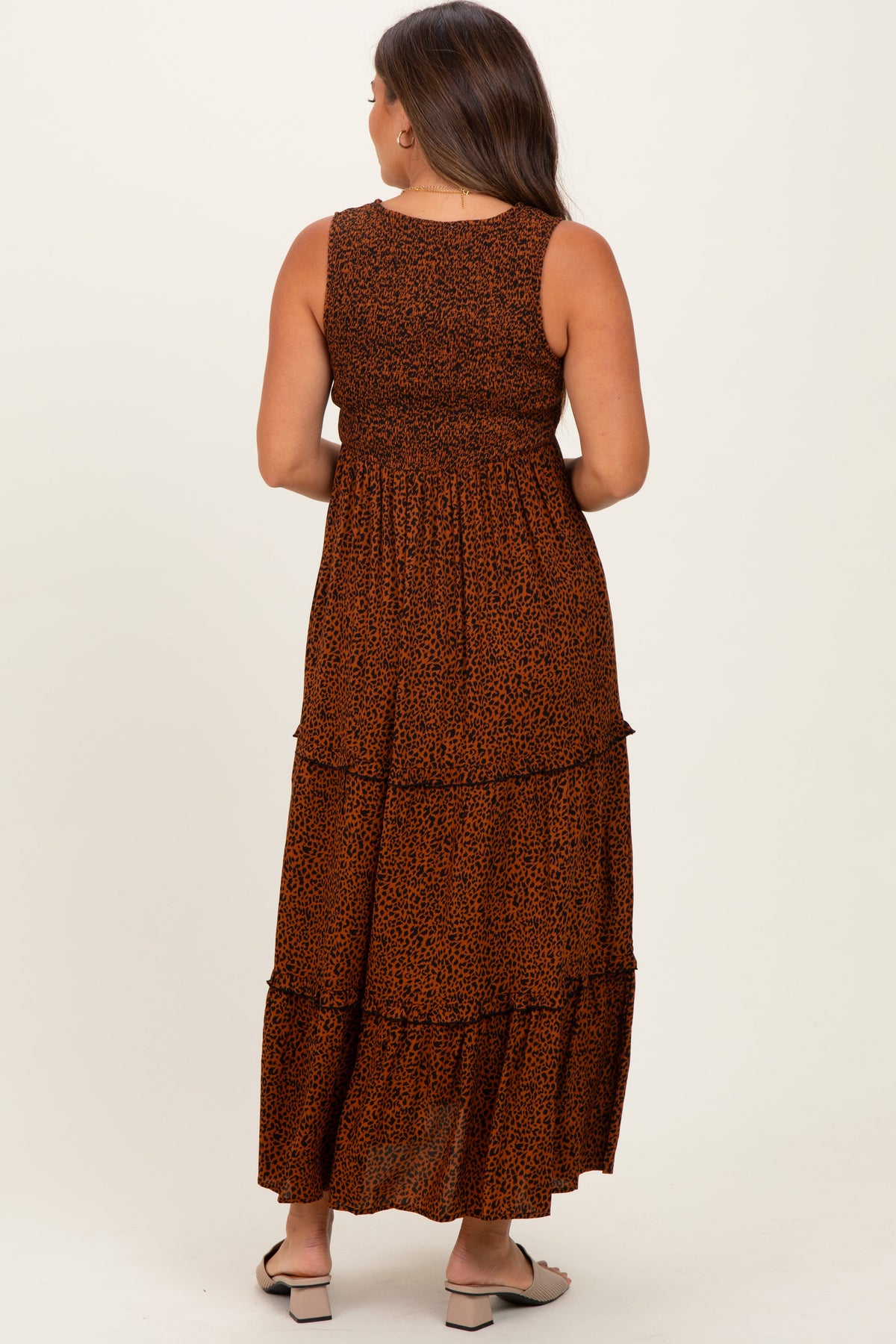 Brown Animal Print Sleeveless Smocked Tiered Maternity Maxi Dress