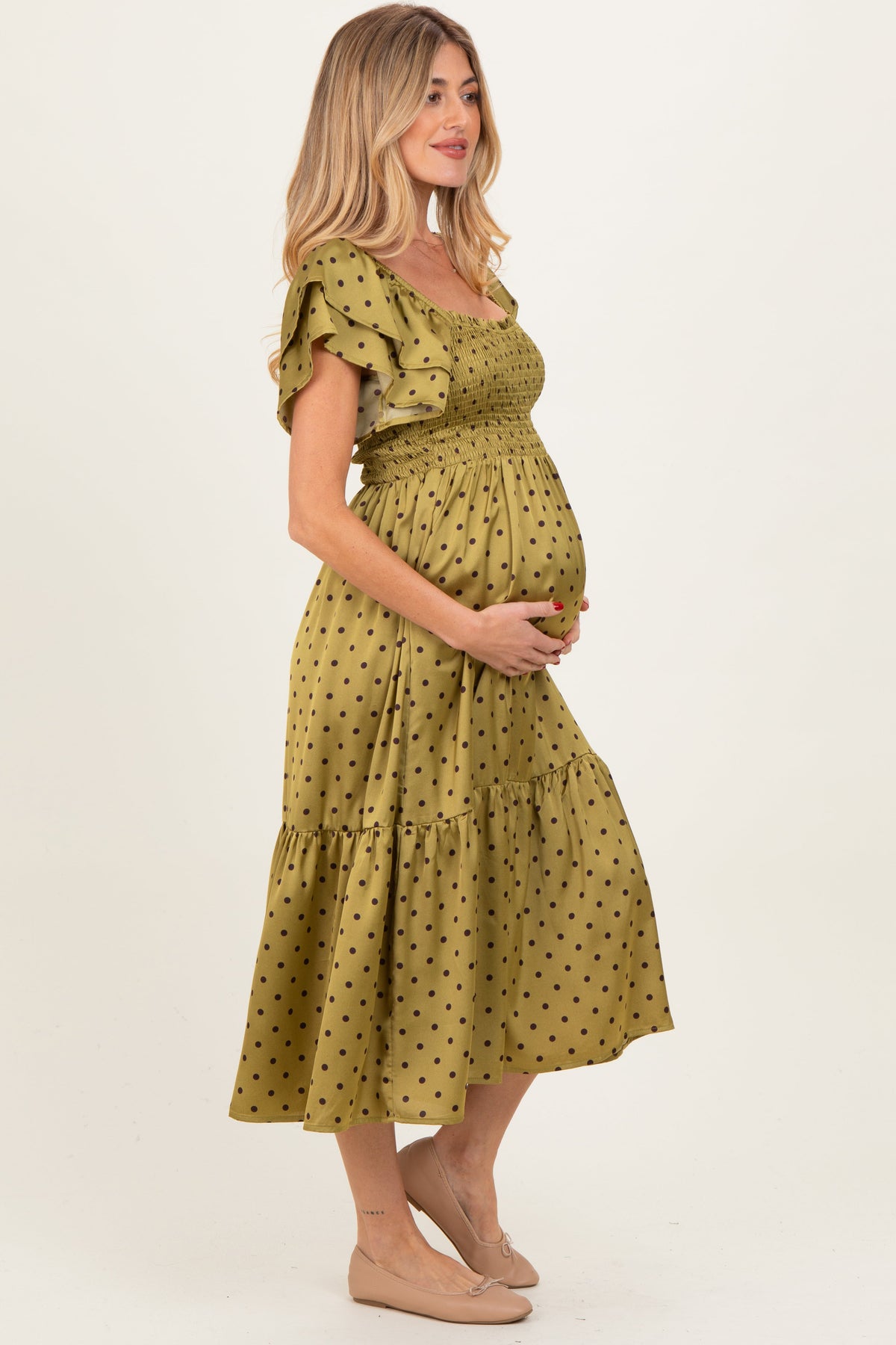 Light Olive Polka Dot Satin Smocked Flutter Sleeve Maternity Dress