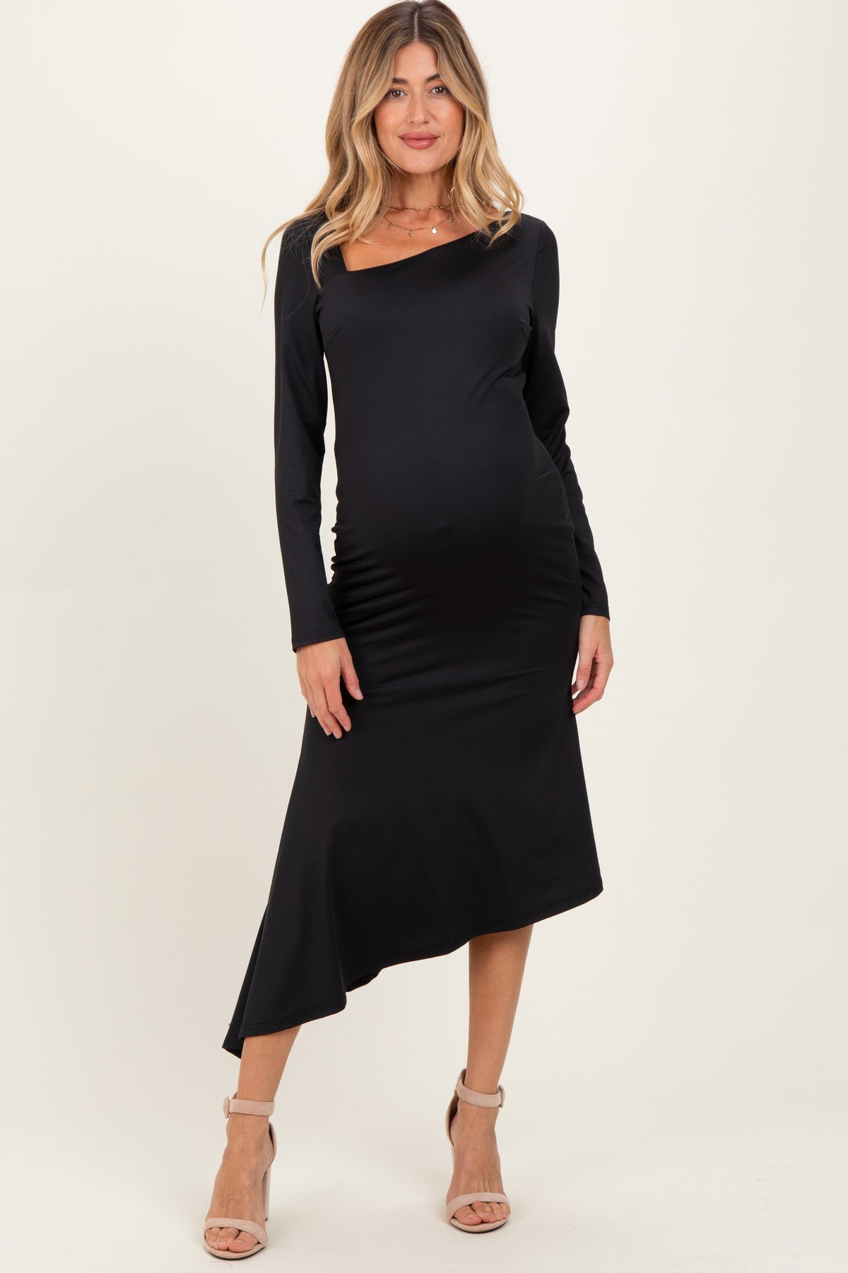 Black Asymmetric Hem Maternity Midi Dress