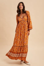 Orange Floral Border Print Long Sleeve Maternity Maxi Dress