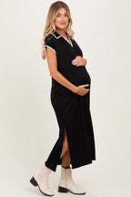 Black Collared Stitch Detail Short Sleeve Maternity Midi Dress