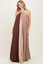 Brown Colorblock Pleated Halter Neck Maternity Maxi Dress