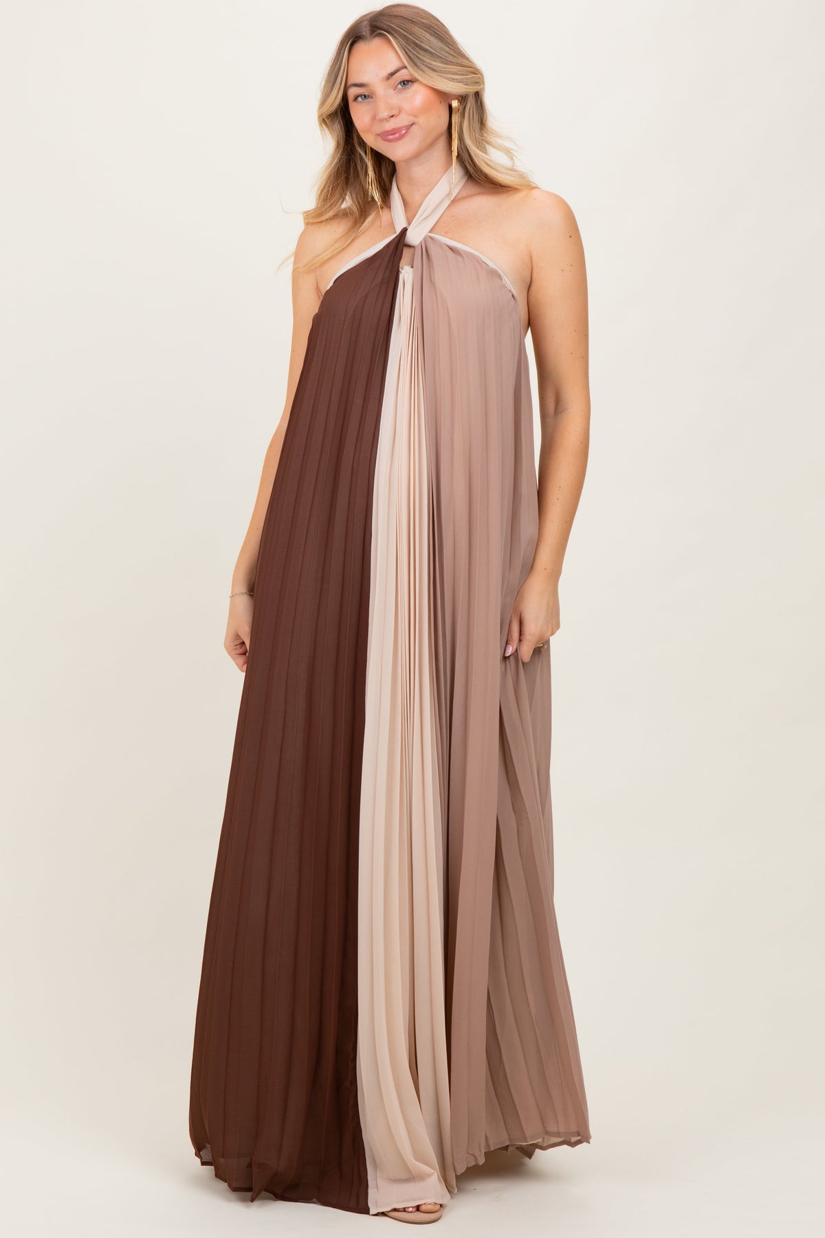 Brown Colorblock Pleated Halter Neck Maternity Maxi Dress