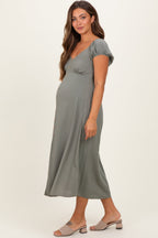 Olive Button Accent Front Slit Maternity Midi Dress