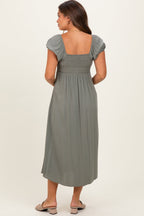 Olive Button Accent Front Slit Maternity Midi Dress