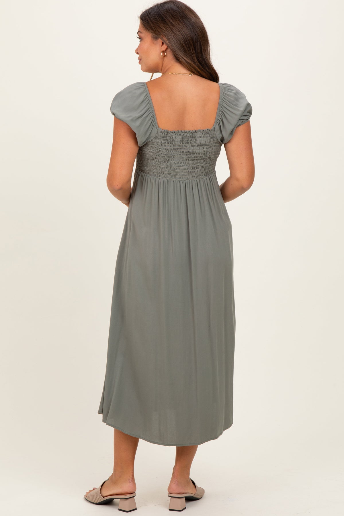 Olive Button Accent Front Slit Maternity Midi Dress