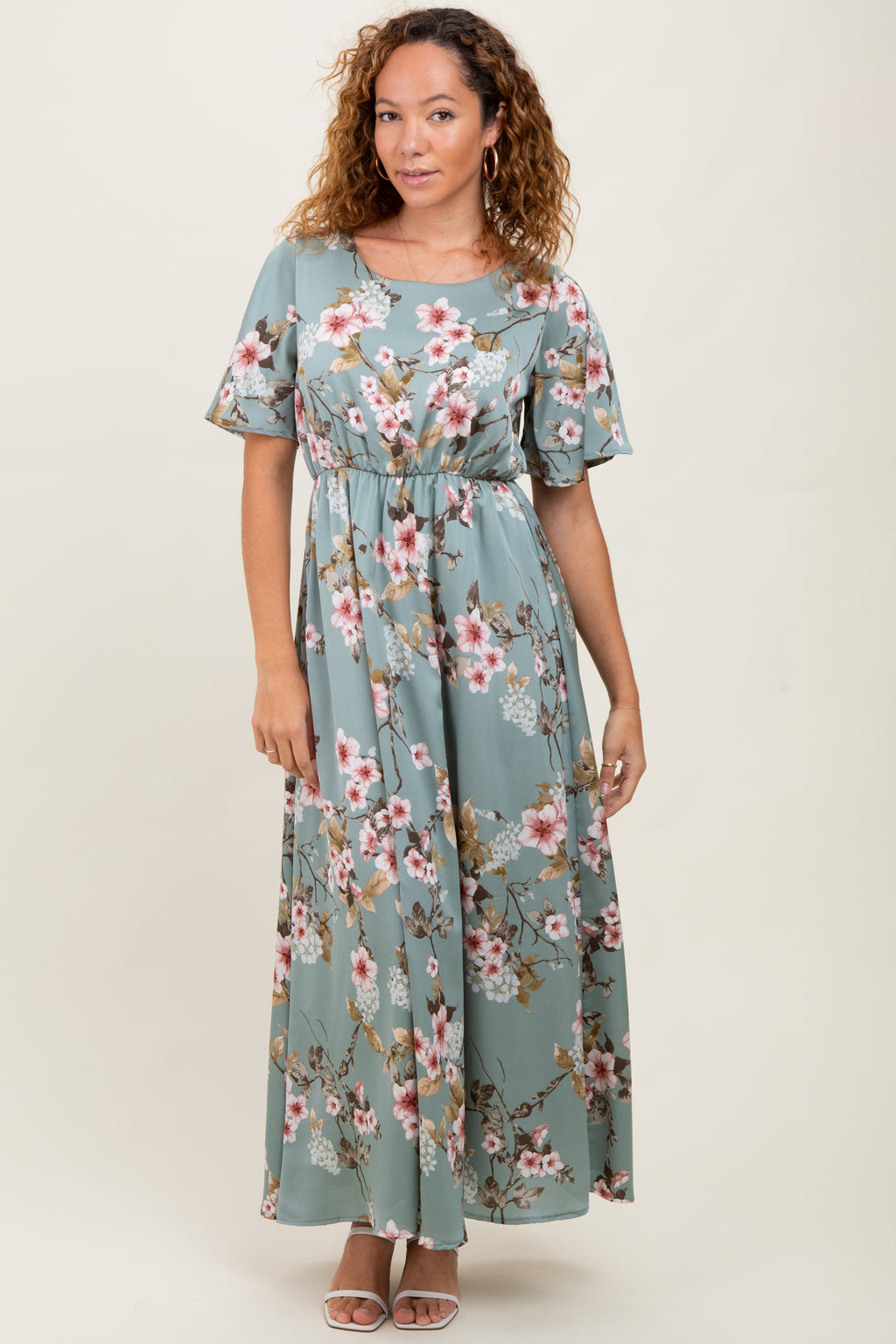 Light Olive Floral Flutter Sleeve Maternity Maxi Dress