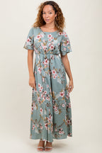 Light Olive Floral Flutter Sleeve Maternity Maxi Dress