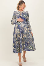 Blue Floral Patchwork Print Front Tie Maternity Midi Dress