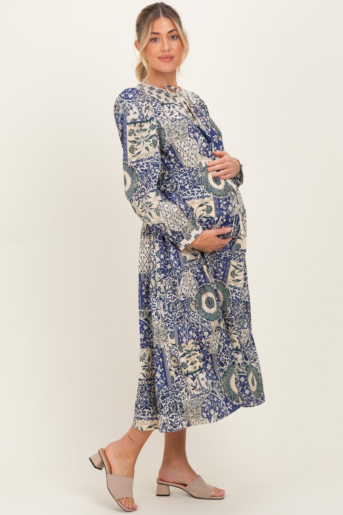 Blue Floral Patchwork Print Front Tie Maternity Midi Dress