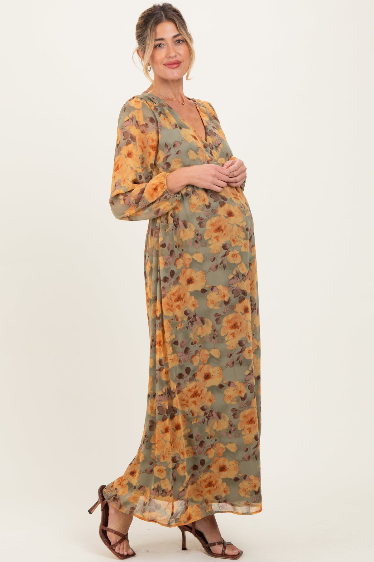 Light Olive Floral V-Neck Long Sleeve Maternity Midi Dress
