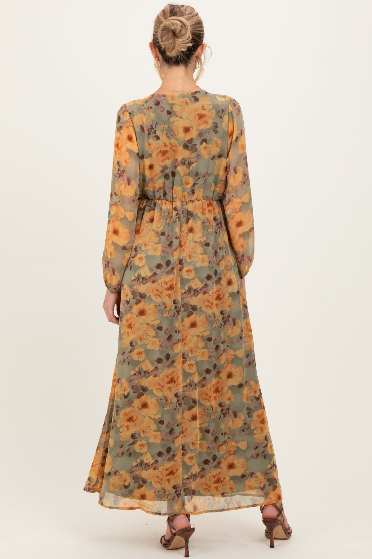 Light Olive Floral V-Neck Long Sleeve Maternity Midi Dress