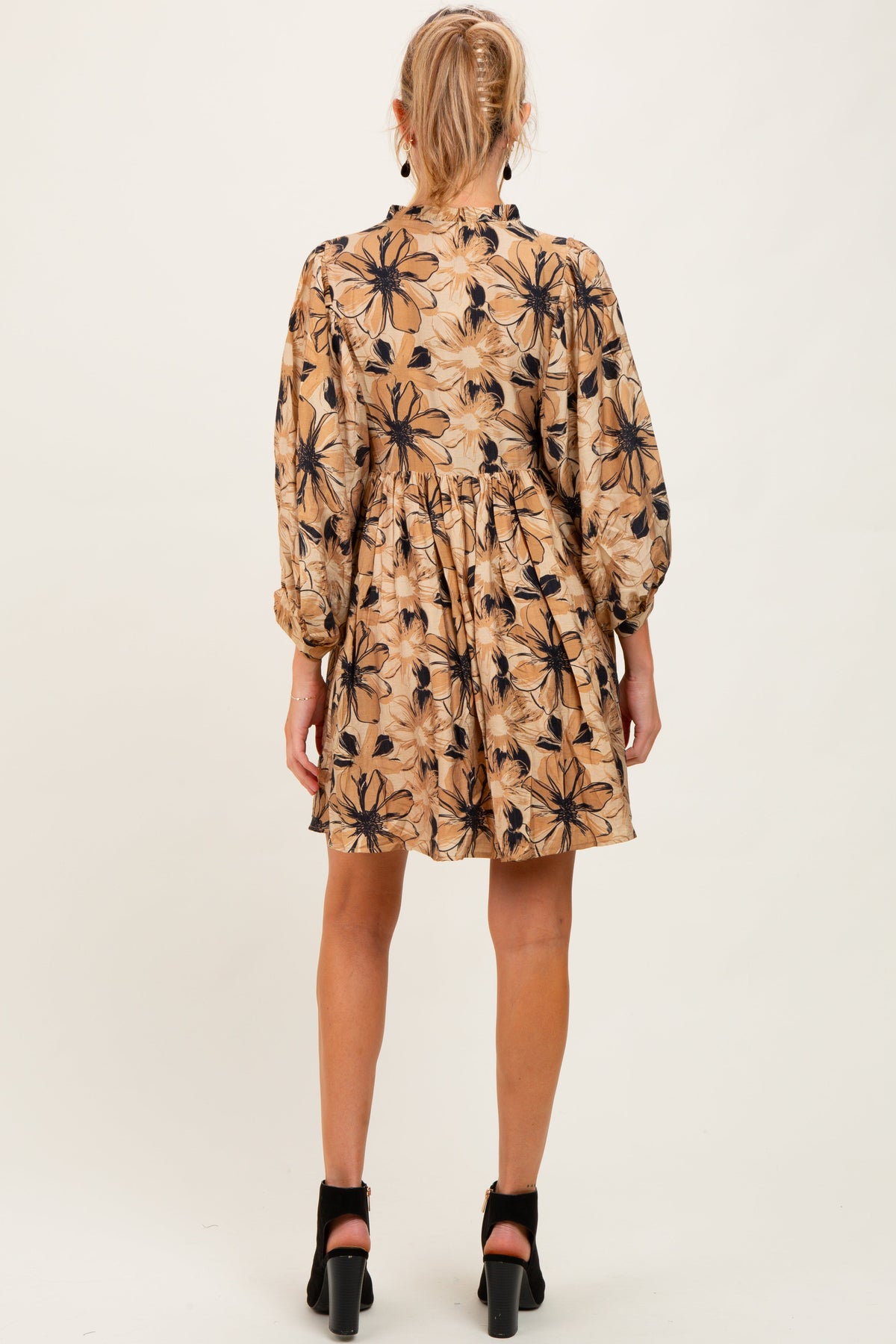Camel Floral Front Tie Bubble Sleeve Maternity Mini Dress