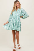 Light Olive Floral Front Tie Bubble Sleeve Maternity Mini Dress