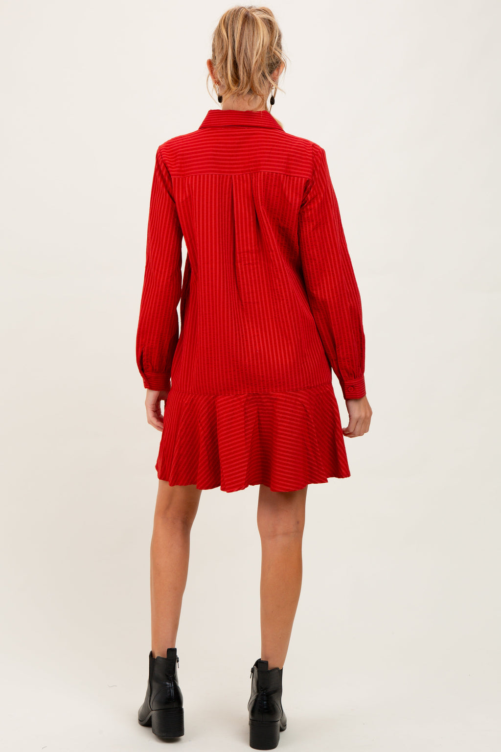 Rust Striped Long Sleeve Drop Waist Maternity Polo Dress