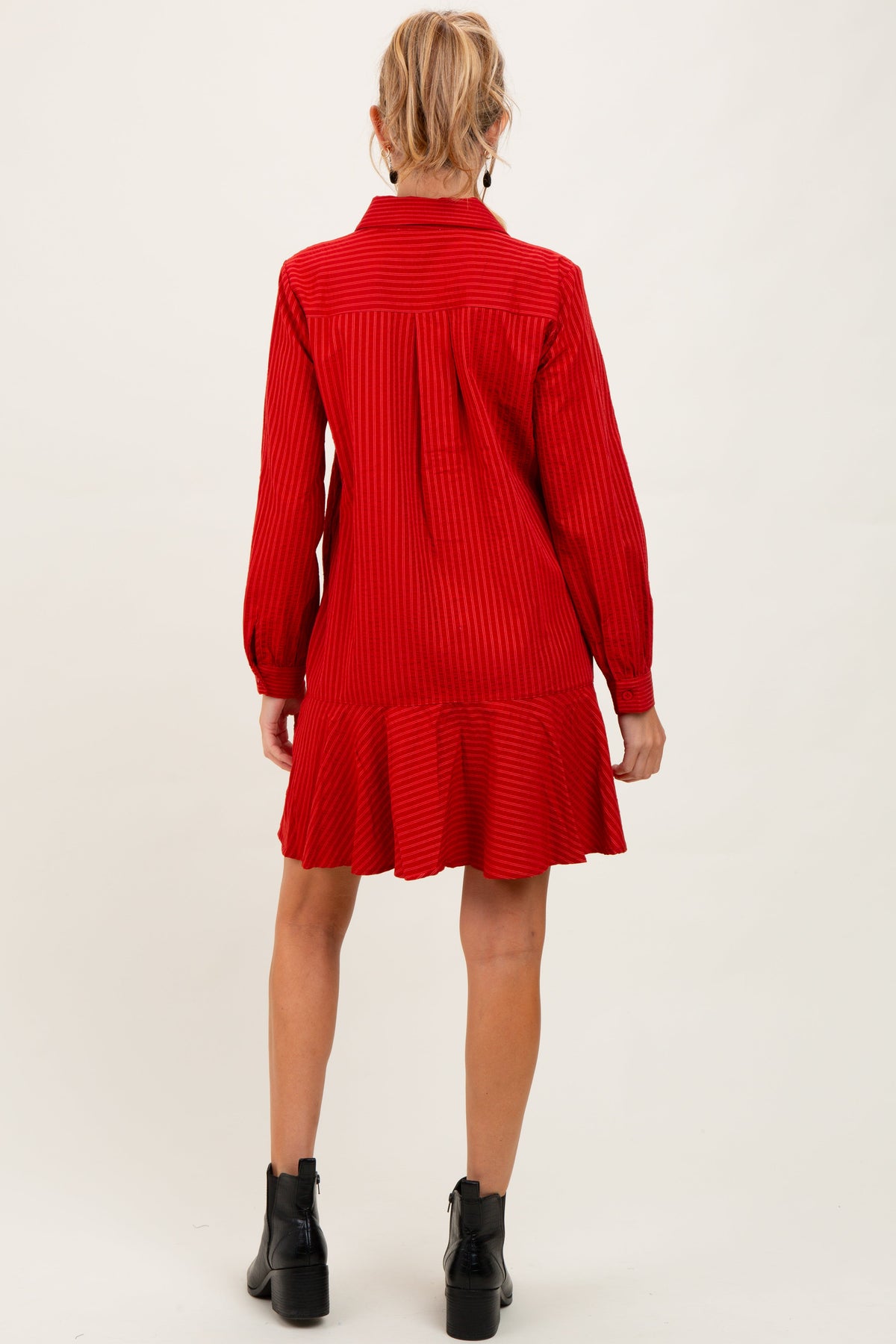 Rust Striped Long Sleeve Drop Waist Maternity Polo Dress