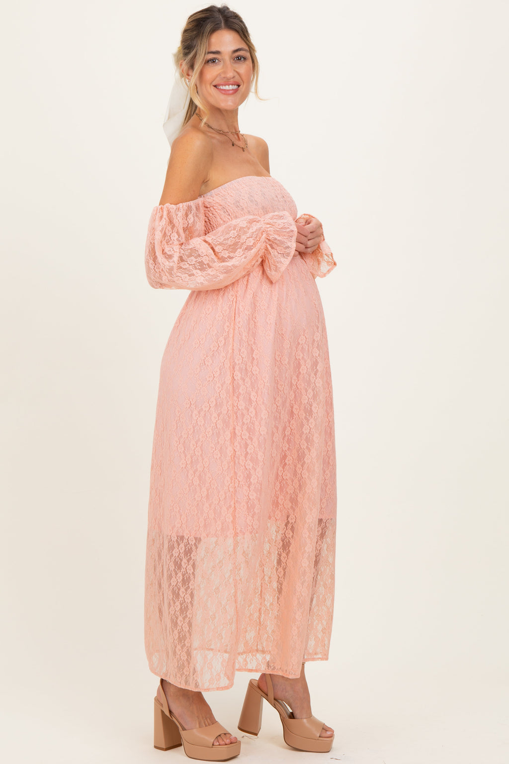 Peach Lace Overlay Smocked Maternity Maxi Dress