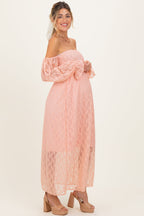 Peach Lace Overlay Smocked Maternity Maxi Dress