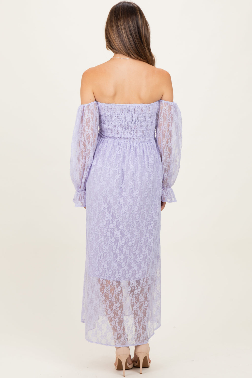 Lavender Lace Overlay Smocked Maternity Maxi Dress