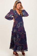 Navy Floral Chiffon V-Neck Long Sleeve Maternity Maxi Dress