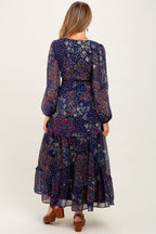 Navy Floral Chiffon V-Neck Long Sleeve Maternity Maxi Dress