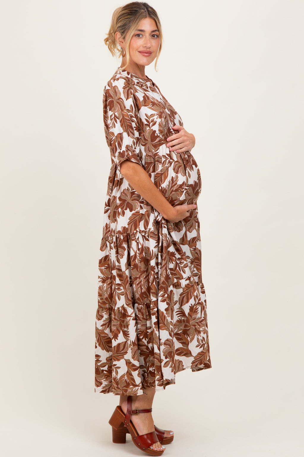 Brown Leaf Print Tiered Maternity Midi Dress