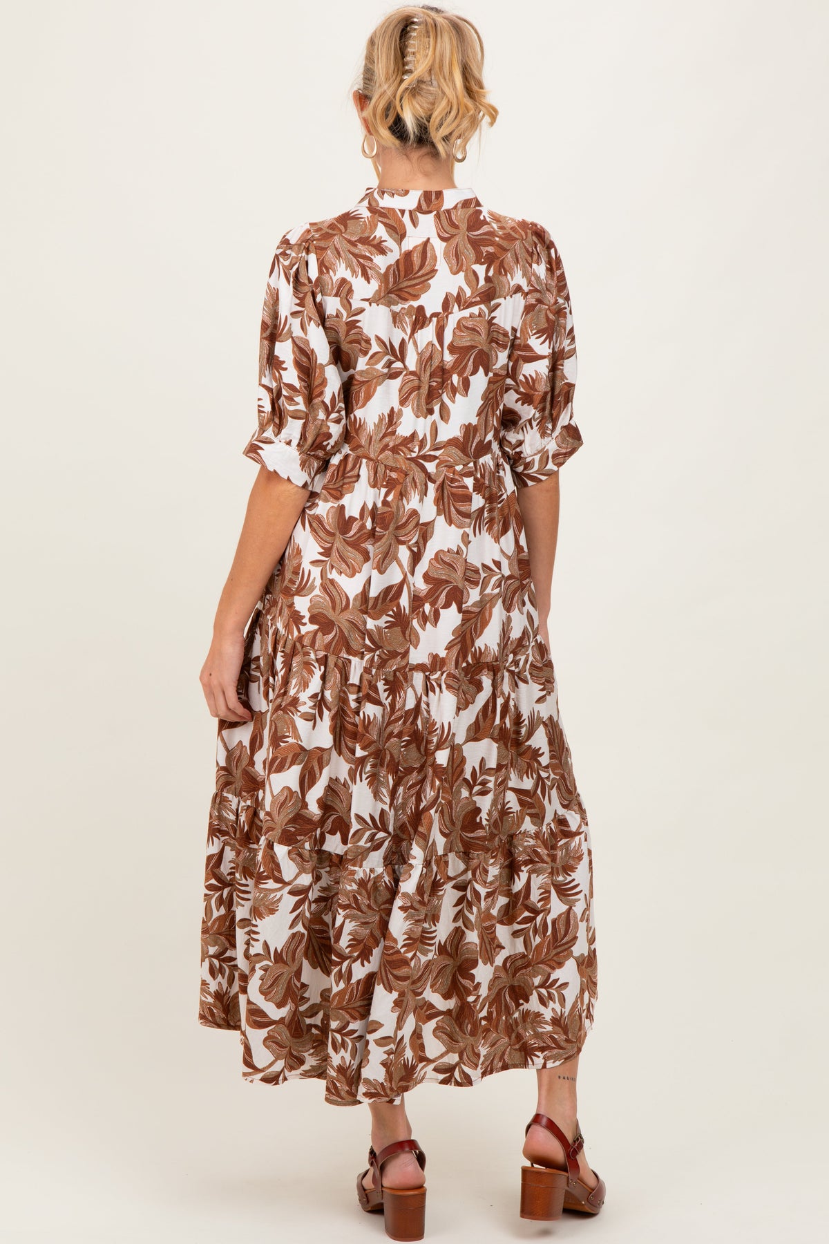 Brown Leaf Print Tiered Maternity Midi Dress