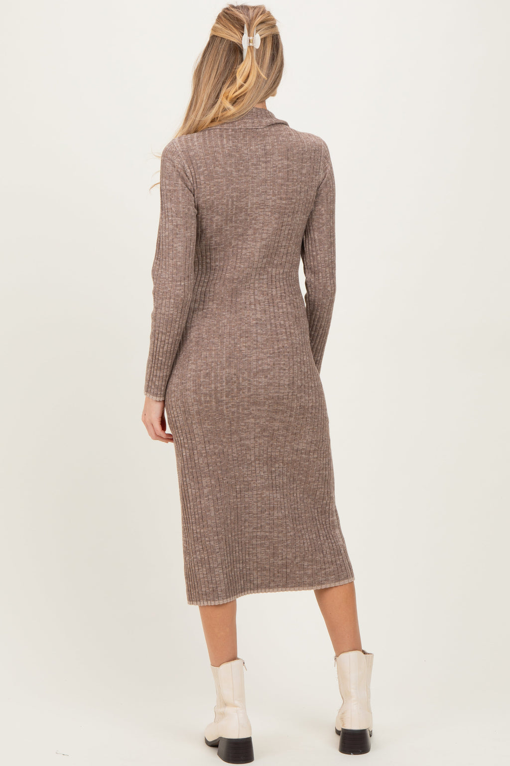 Mocha Striped Rib Knit Maternity Polo Sweater Dress